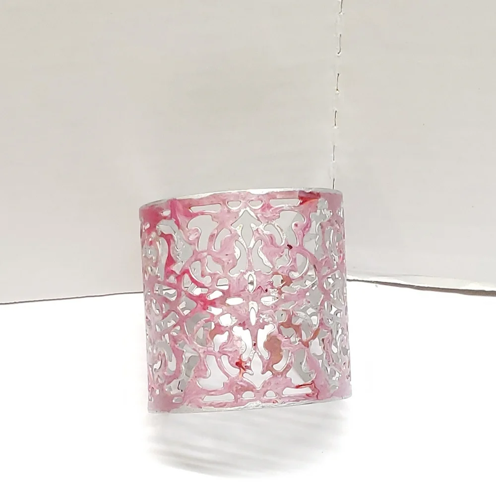 Hand Painted Abstract Pink & Silver Cuff Bracelet Filigree Statement Bracelet